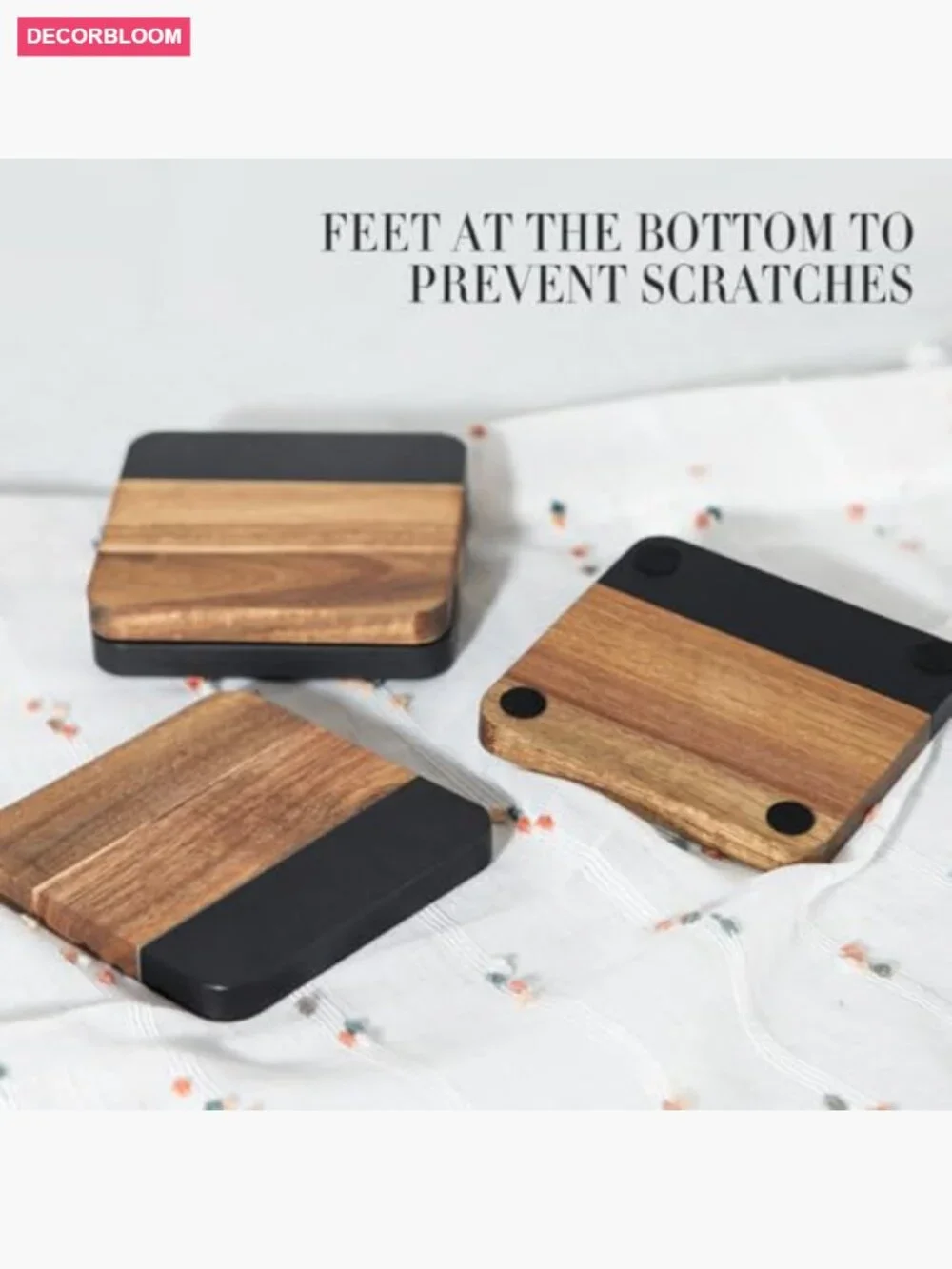 Set of 4 Square Wooden Marble Coasters, Non-Slip for Mugs Glasses, Home Bar